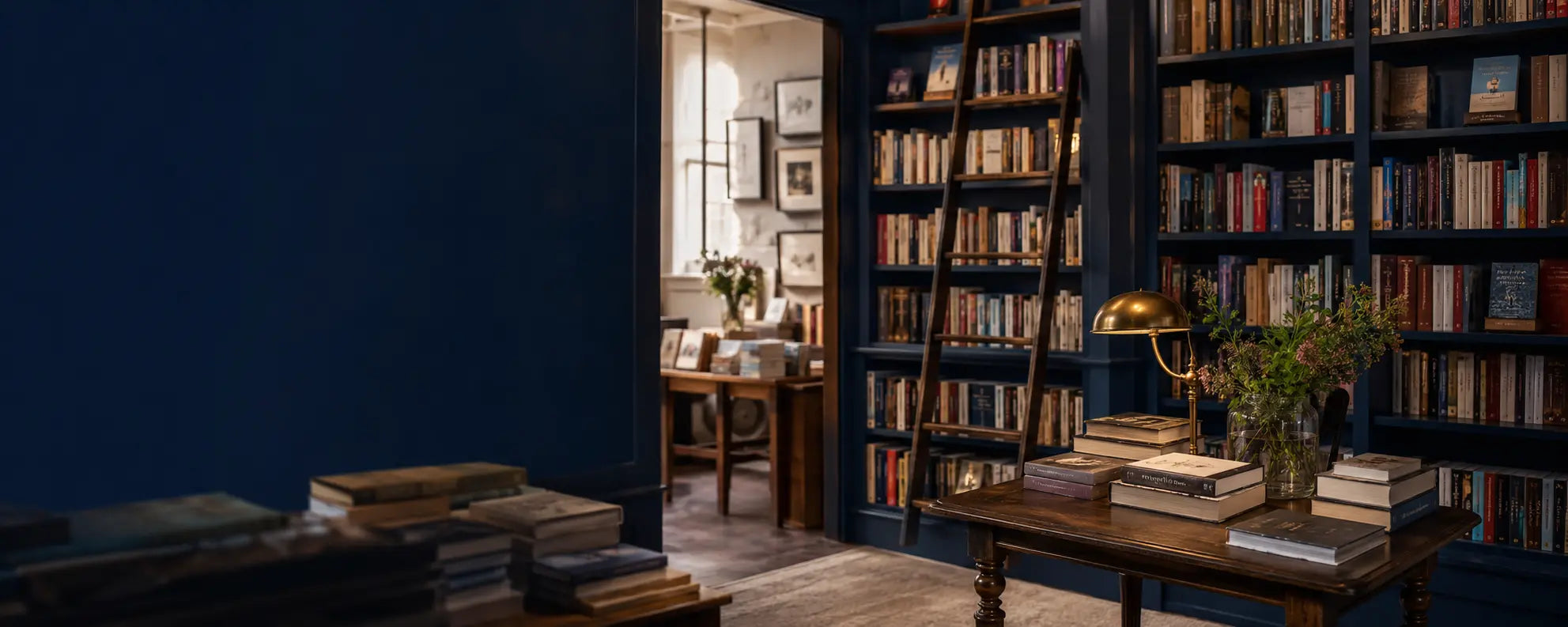 Warme moderne boekwinkel met navy boekenkasten en een leestafel
